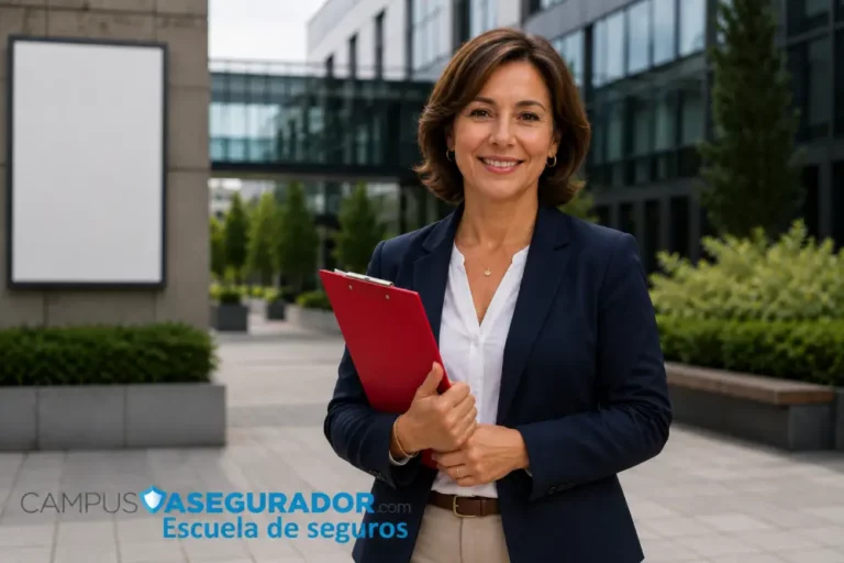 Formación Profesional en Seguros | Campus Asegurador Profesional con portapapeles rojo frente a logo Campus Asegurador Escuela de seguros en entorno corporativo exterior.