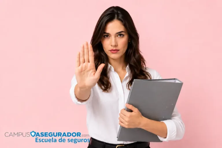 Campus Asegurador: Ética y Formación Profesional Mujer realizando gesto de pare con mano extendida y carpeta gris, vinculada a Campus Asegurador sobre fondo rosa.