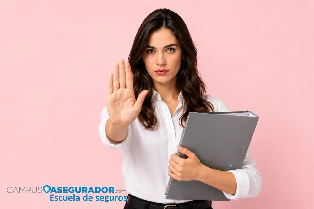Mujer realizando gesto de pare con mano extendida y carpeta gris, vinculada a Campus Asegurador sobre fondo rosa.