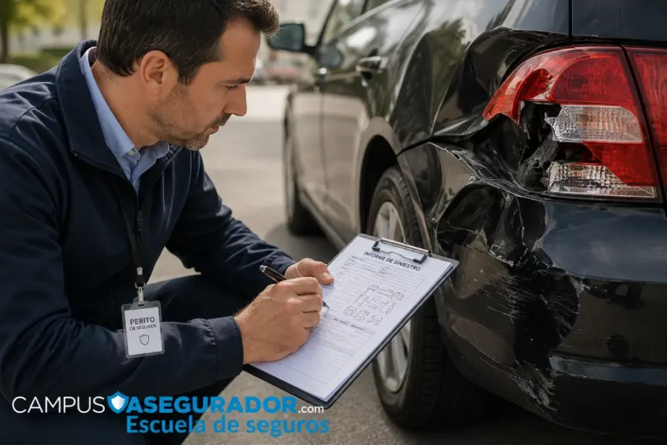 Perito de seguros inspecciona daños en carrocería y faro trasero de vehículo negro tras un siniestro vial.