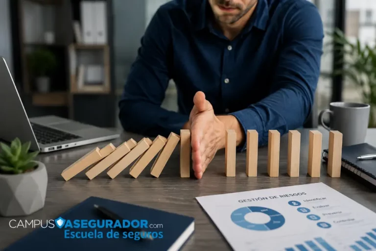 Prevención de Riesgos y Formación en Seguros Mano bloqueando caída piezas madera para representar prevención riesgos. Incluye logo Campus Asegurador Escuela Seguros.