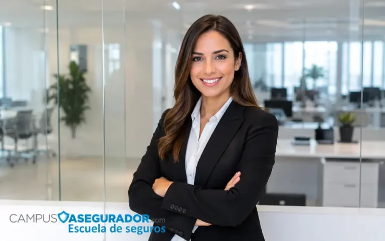 Formación Profesional en Seguros | Campus Asegurador Profesional del sector seguros frente a logotipo Campus Asegurador en oficina moderna, denotando liderazgo y capacitación.