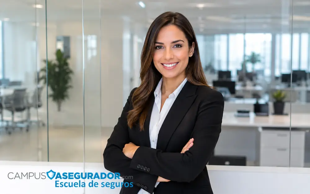 Formación Profesional en Seguros | Campus Asegurador Profesional del sector seguros frente a logotipo Campus Asegurador en oficina moderna, denotando liderazgo y capacitación.