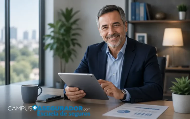 Formación Profesional para Seguros Campus Asegurador Asesor de seguros con tablet en oficina corporativa frente al logotipo de Campus Asegurador Escuela de Seguros.