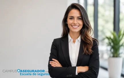 Mujer profesional en traje ejecutivo sonriendo frente al logo de Campus Asegurador, escuela técnica de seguros.