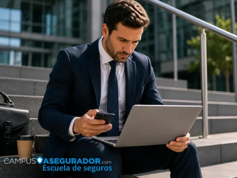Formación Digital Especializada para Sector Seguros Profesional con traje usando laptop y móvil en escaleras, logotipo Escuela de Seguros Campus Asegurador.
