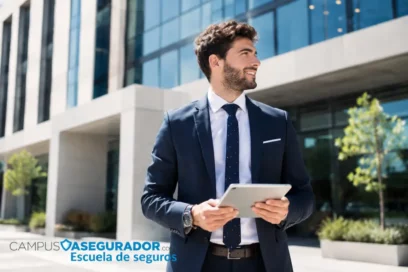 Profesional con tablet ante edificio moderno de Campus Asegurador, escuela técnica especializada en formación de seguros.