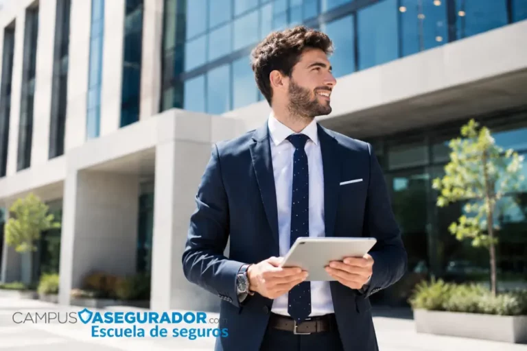 Formación Profesional en Seguros | Campus Asegurador Profesional con tablet ante edificio moderno de Campus Asegurador, escuela técnica especializada en formación de seguros.