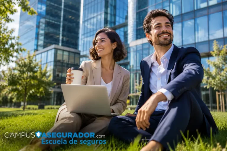 Formación Profesional de Seguros en Campus Asegurador Profesionales de seguros sentados en el césped frente a edificio corporativo con marca Campus Asegurador.