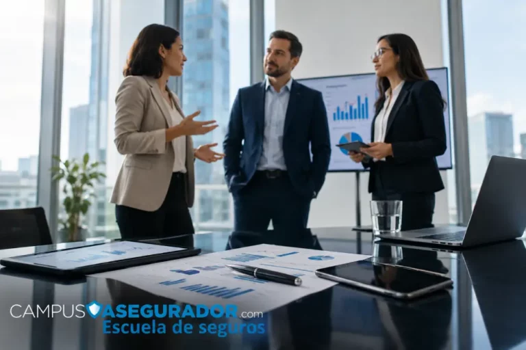Formación Profesional en Seguros | Campus Asegurador Tres profesionales reunidos ante gráficos financieros en escritorio con dispositivos y logo de Campus Asegurador.