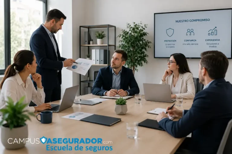 Campus Asegurador: Formación Especializada para Seguros Equipo de seguros en reunión corporativa de Campus Asegurador con portátiles y documentación en mesa de oficina.
