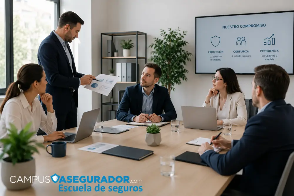 Campus Asegurador: Formación Especializada para Seguros Equipo de seguros en reunión corporativa de Campus Asegurador con portátiles y documentación en mesa de oficina.