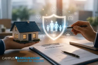 Maqueta de casa y documentos bajo escudo digital con silueta familiar y logotipo de Campus Asegurador.