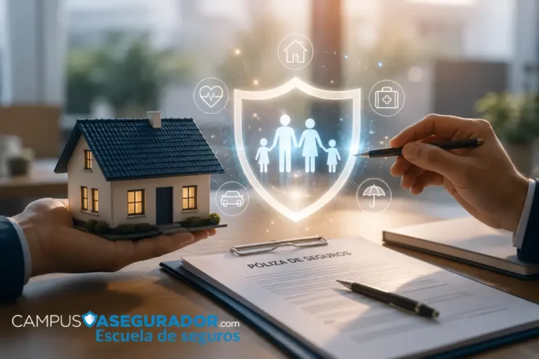 Seguro de Hogar y Vida: Protección Familiar Integral Maqueta de casa y documentos bajo escudo digital con silueta familiar y logotipo de Campus Asegurador.
