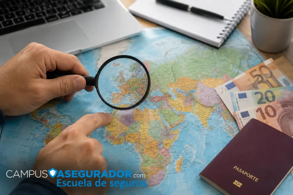 Manos con lupa sobre mapa mundial junto a billetes de euro, pasaporte y logotipo de Campus Asegurador Escuela de Seguros.
