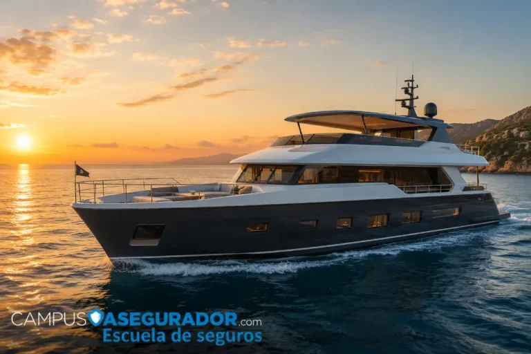 Seguros para Yates y Embarcaciones de Recreo Megayate de lujo navegando en aguas tranquilas al atardecer junto al logotipo de Campus Asegurador.
