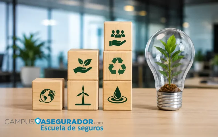 Seguros Sostenibles y Ecología: Campus Asegurador Cubos de madera con iconos de sostenibilidad y bombilla con planta junto al logo de Campus Asegurador.
