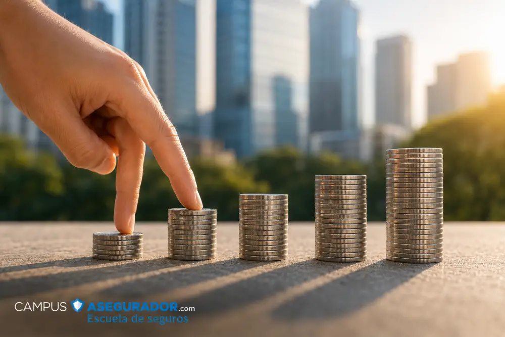 Dedos caminando sobre pilas crecientes de monedas de plata, simbolizando ahorro y crecimiento financiero sostenible.