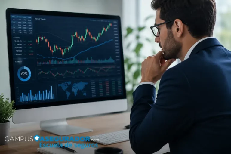 Análisis de Datos y Formación en Sector Asegurador Profesional analizando gráficos bursátiles digitales integrados con identidad de Campus Asegurador Escuela de Seguros.