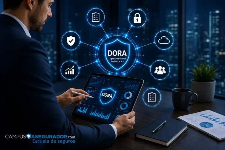 Resilencia digital y Estrategia en el sector financiero y asegurado Ejecutivo operando tablet con interfaz de red neuronal y métricas financieras en representación del reglamento DORA