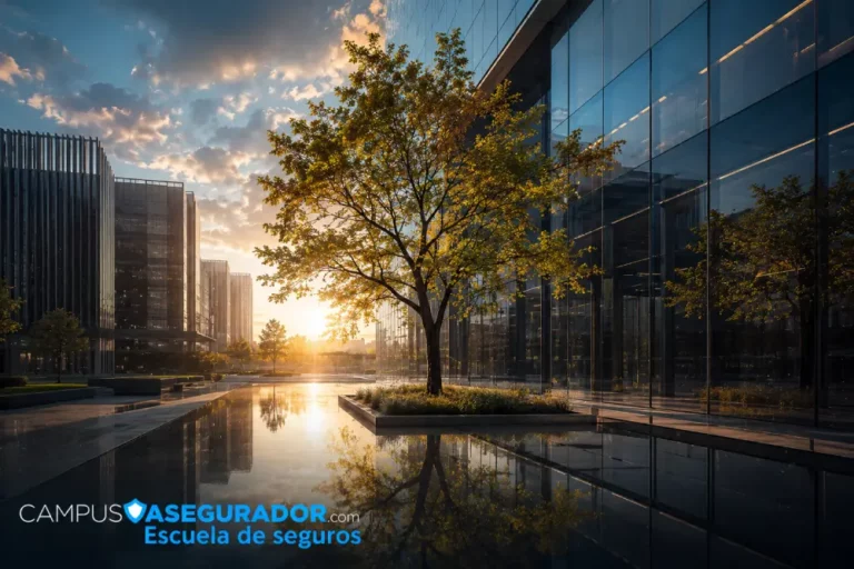 Sostenibilidad en Seguros: Campus Asegurador Árbol con hojas doradas ante fachada acristalada de Campus Asegurador reflejado en superficie líquida.