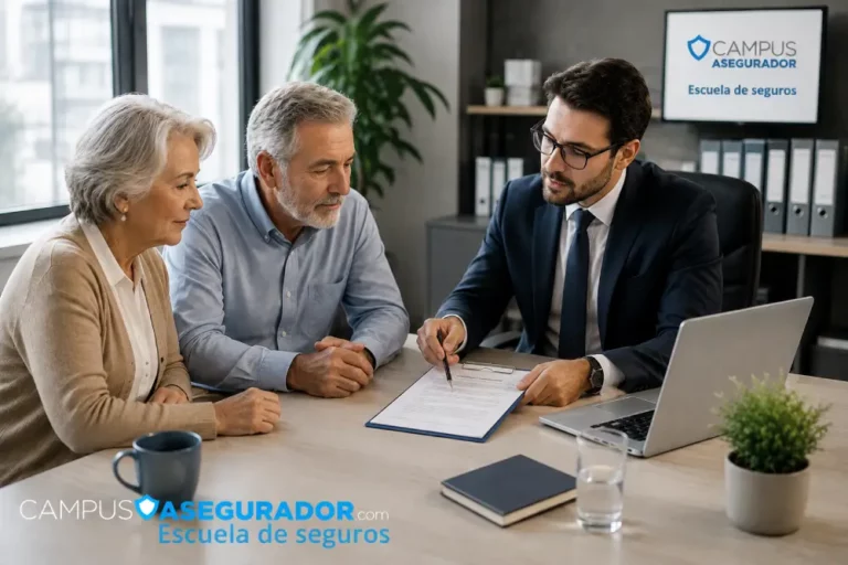 Asesoramiento en Seguros y Formación para Mediadores Asesor de seguros explica contrato a pareja mayor en oficina profesional con distintivo de Campus Asegurador.