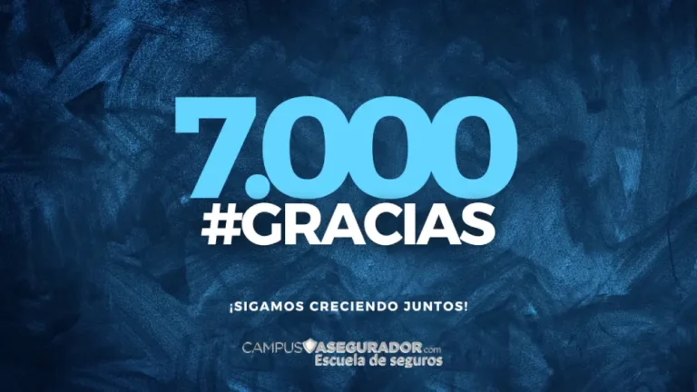 Campus Asegurador: 7.000 alumnos en formación de seguros Campus Asegurador celebra 7.000 seguidores con mensaje #GRACIAS y lema Sigamos creciendo juntos sobre fondo azul texturizado.