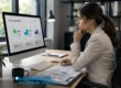 Analista examina métricas y gráficos en monitor profesional para formación especializada de Campus Asegurador.