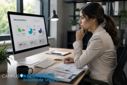 Analista examina métricas y gráficos en monitor profesional para formación especializada de Campus Asegurador.