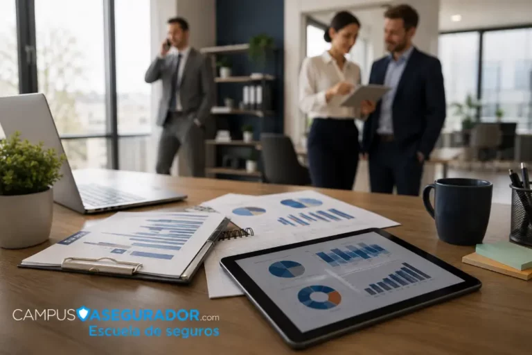 Análisis de Datos en Campus Asegurador Escuela de Seguros Gráficos estadísticos y tablet sobre mesa de oficina con profesionales de Campus Asegurador Escuela de seguros.