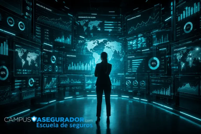 Formación Digital e Innovación en Campus Asegurador Silueta ante pantallas digitales de datos con logotipo Campus Asegurador Escuela de seguros en entorno tecnológico cian.