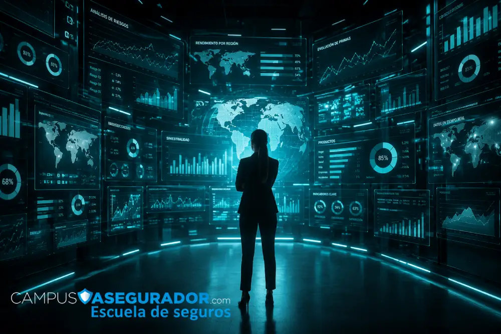 Formación Digital e Innovación en Campus Asegurador Silueta ante pantallas digitales de datos con logotipo Campus Asegurador Escuela de seguros en entorno tecnológico cian.