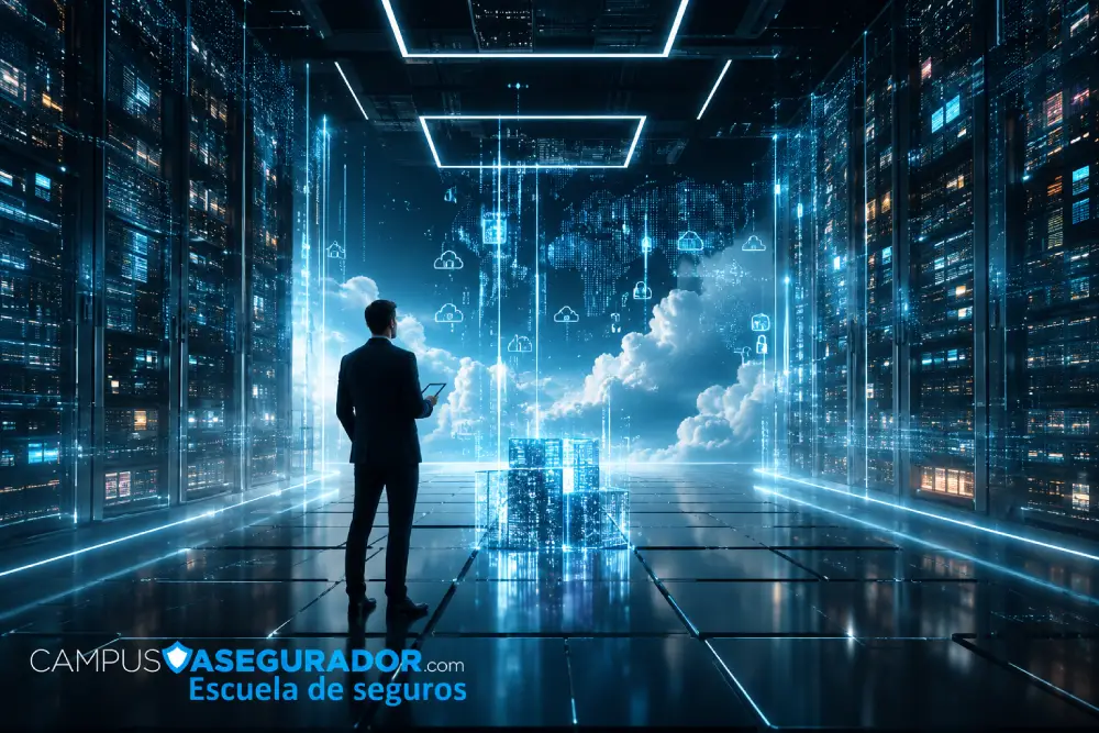 Logo Campus Asegurador sobre entorno digital futurista de datos y nubes, simbolizando formación técnica en sector insurtech.