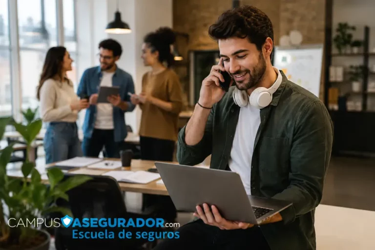 Formación y Capacitación Digital Campus Asegurador Profesional consultando laptop y móvil con auriculares, logotipo Campus Asegurador y entorno oficina colaborativa.