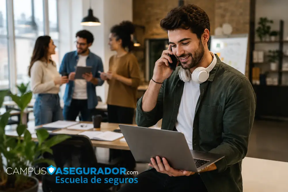 Profesional consultando laptop y móvil con auriculares, logotipo Campus Asegurador y entorno oficina colaborativa.