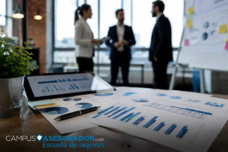 Campus Asegurador: Formación Técnica en Sector Seguros Gráficos de análisis y tablet en primer plano con profesionales de seguros al fondo. Logo Campus Asegurador.