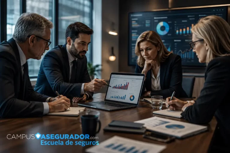 Formación en Análisis de Datos para el Sector Seguros Profesionales analizando gráficas financieras en portátil durante formación técnica de Campus Asegurador.