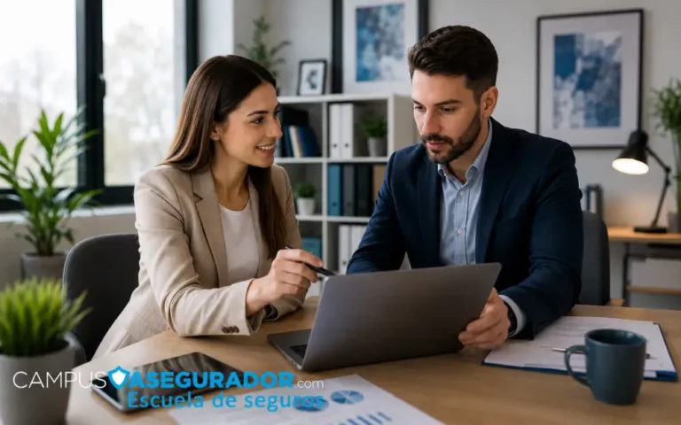 Escuela de Seguros y Capacitación Digital | Campus Asegurador Dos profesionales del sector seguros colaboran con laptop y tablet en las oficinas de la escuela Campus Asegurador.