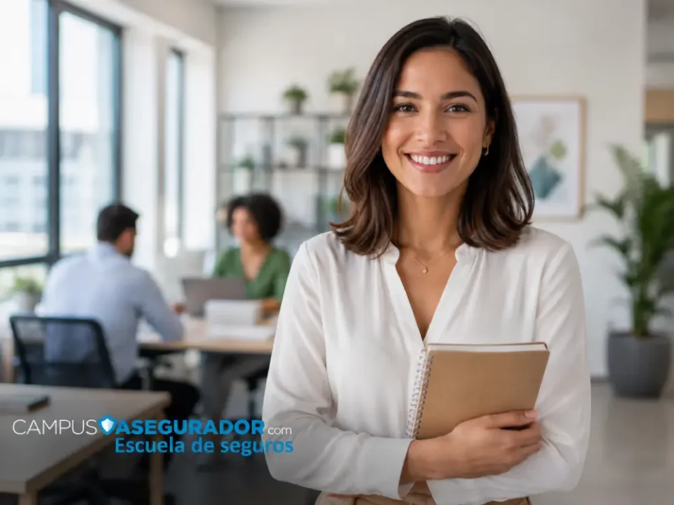 Profesional sonriente con cuaderno junto al logo de Campus Asegurador Escuela de Seguros en oficina.