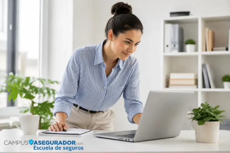Campus Asegurador: Formación Online para Profesionales Profesional consultando laptop en plataforma Campus Asegurador Escuela de Seguros durante jornada de formación técnica.