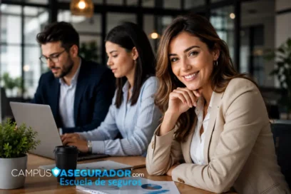 Profesional sonriente en oficina moderna de Campus Asegurador, escuela de formación especializada en seguros.