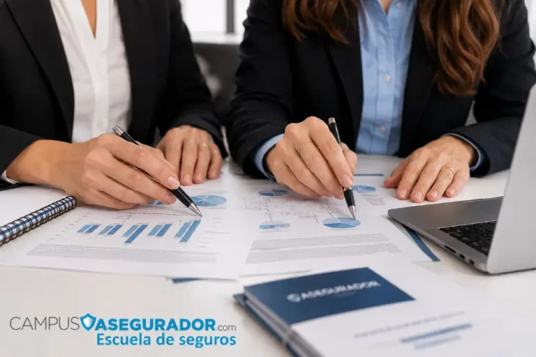 Curso Especializado de Seguros Campus Asegurador Manos de profesionales analizando documentos técnicos formativos de Campus Asegurador, Escuela de seguros.