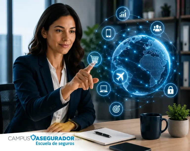 Formación Seguros Digital y Conectividad Global Profesional interactuando con iconos digitales y globo terráqueo junto al logotipo Campus Asegurador Escuela de seguros.