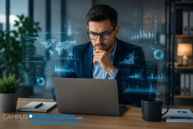 Innovación y Tecnología en la Escuela de Seguros Campus Profesional analizando entorno de datos digitales en portátil con el logo de Campus Asegurador Escuela de Seguros.
