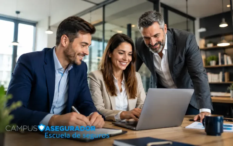 Formación y Capacitación en Seguros | Campus Asegurador Tres profesionales del sector seguros colaborando frente a un ordenador portátil en una oficina moderna.