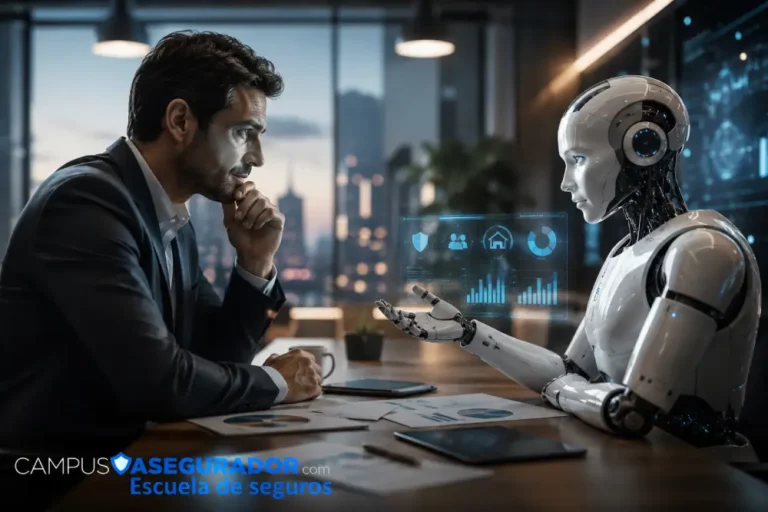 IA y Transformación Digital en Campus Asegurador Hombre de negocios y robot humanoide representando la IA en seguros para Campus Asegurador Escuela de Seguros.