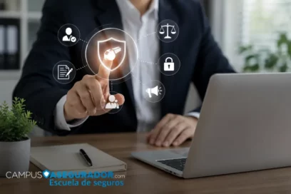 Profesional utilizando un canal de denuncias digital seguro y confidencial en el sector asegurador.