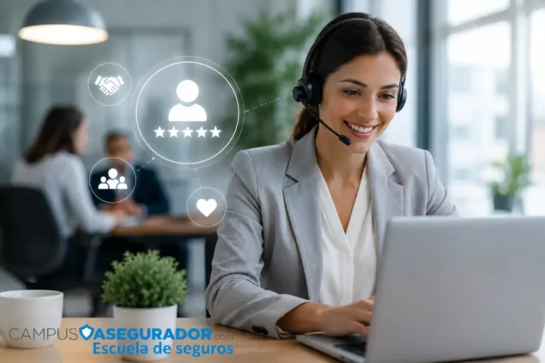 Curso online de orientación al cliente – Campus Asegurador Profesional de atención al cliente con auriculares trabajando en un portátil, acompañada de iconos de satisfacción y servicio al cliente de Campus Asegurador.