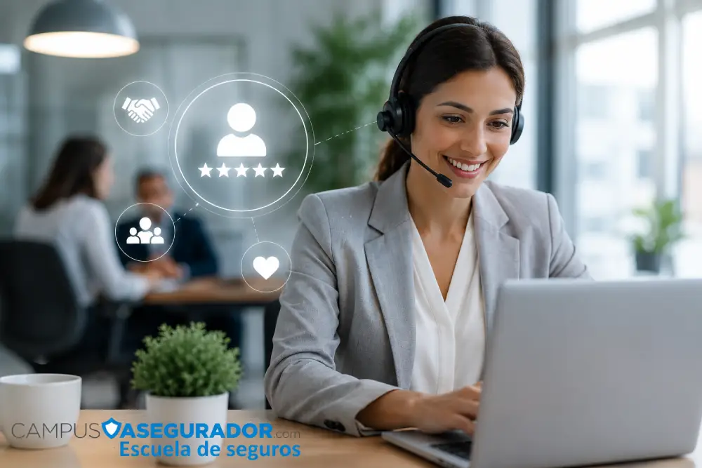 Profesional de atención al cliente con auriculares trabajando en un portátil, acompañada de iconos de satisfacción y servicio al cliente de Campus Asegurador.