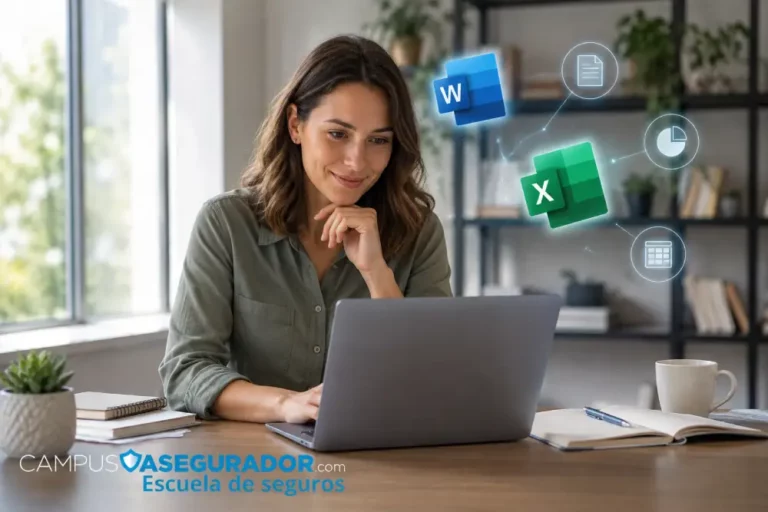 Formación online en Word y Excel 365 – Campus Asegurador Profesional realizando formación online en Word y Excel 365 con un ordenador portátil en Campus Asegurador Escuela de Seguros.